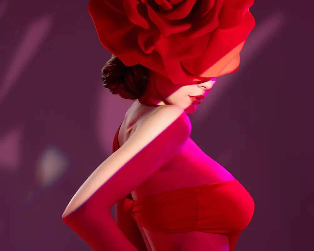 Ritratto creativo di una donna con un grande fiore rosso come copricapo, indossando un abito scultoreo dello stesso colore, su uno sfondo viola. La composizione evidenzia il suo profilo elegante e l'intenso contrasto cromatico.