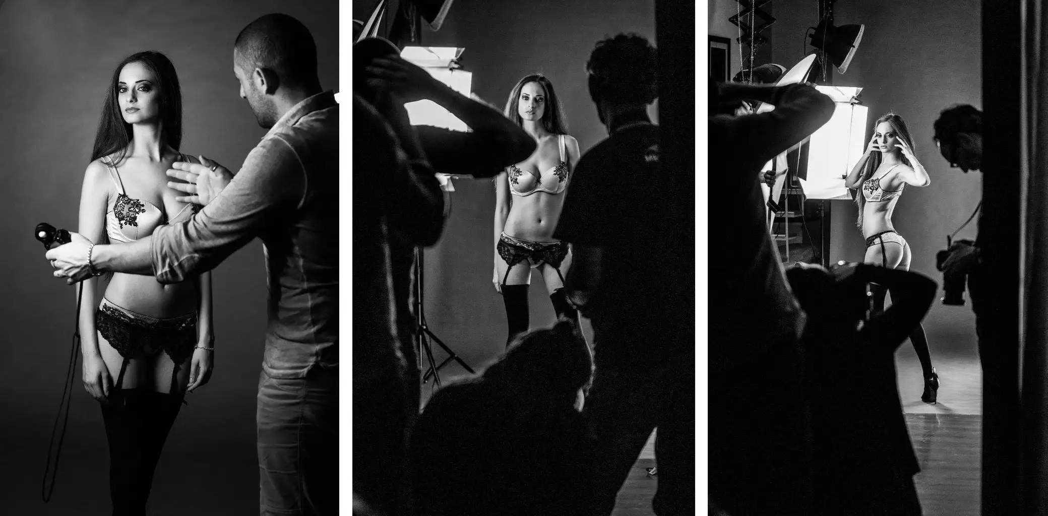 Sessione fotografica in studio con una modella in lingerie, mentre un fotografo guida la scena. La modella posa sotto le luci professionali, con il team che lavora sullo sfondo, creando una scena di lavoro intenso.