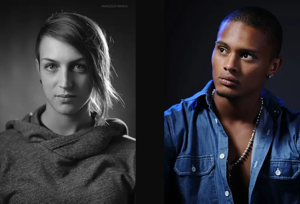 schemi luce rembradt a confronto a sinistra una ragazza con i volto in posizione frontale foto in bianco e nero e a destra un ragazzo con il volto il tre quarti fotografati da Francesco Francia con luci flash da studio