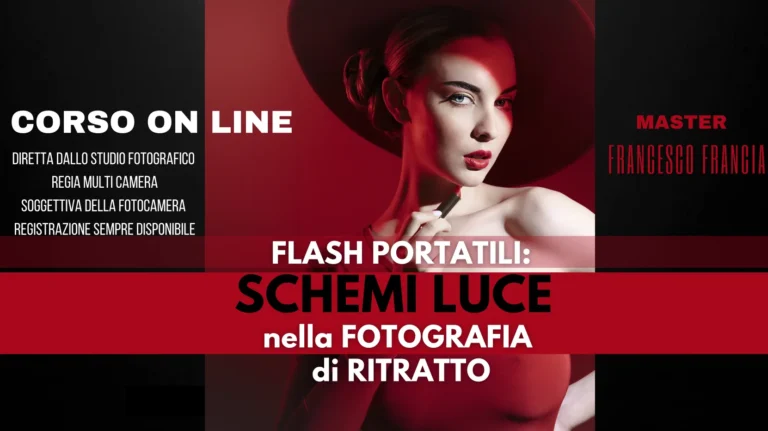 Corso on line: schemi luce per ritratto con flash portatili di Francesco Francia docente di illuminazione in fotografia foto di una modella tutta in rosso con cappello rosso