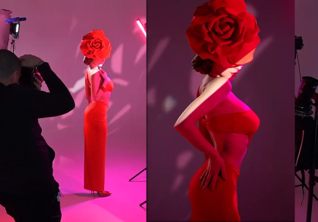 fotografo Francesco Francia che scatta in studio una fotografia di moda beauty con uso creativo della luce con Virginia ciucci modella bellissima e cappello fiore in testa rosso per mostrare il backstage di come scegliere uno schema luce