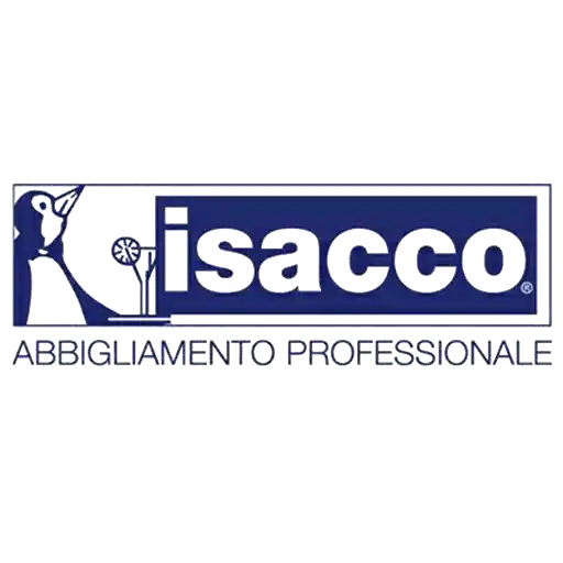 Logo di Isacco con il nome in bianco su sfondo blu e la scritta 'Abbigliamento Professionale' in basso.