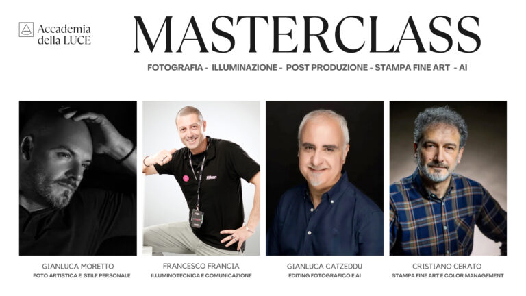 Masterclass sulla fotografia illuminazione editing post produzione ai e stampa. Con i fotografi master post producer e stampatori: Francesco Francia, Gianluca Moretto, Gianluca Catzeddu, Cristiano Cerato