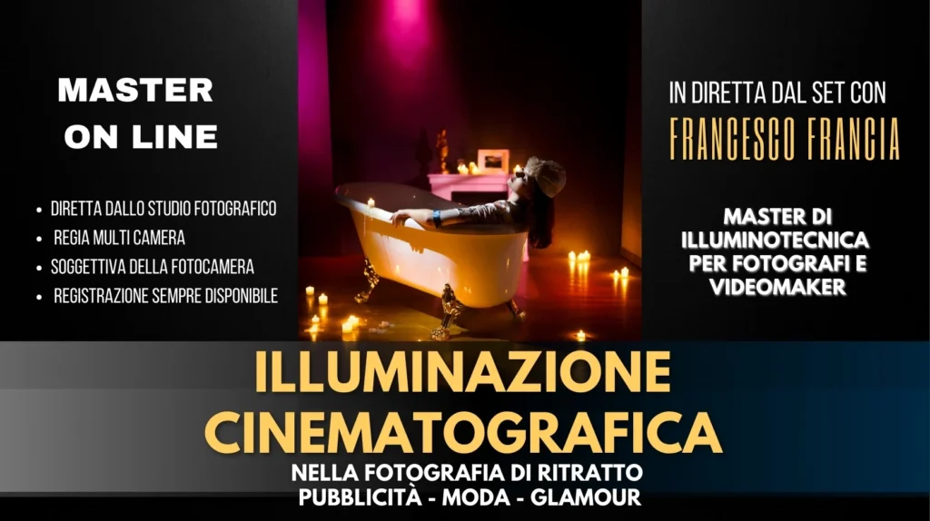 Luci cinematografiche con illuminazione di candele e luci artificiali di una modella dentro una vaca da bagno antica piena di latte, con look fashion retrò, con candele a terra scena direzione fotografia di Francesco Francia fotografo e docente di illuminazione fotografica