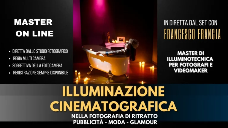Luci cinematografiche con illuminazione di candele e luci artificiali di una modella dentro una vaca da bagno antica piena di latte, con look fashion retrò, con candele a terra scena direzione fotografia di Francesco Francia fotografo e docente di illuminazione fotografica